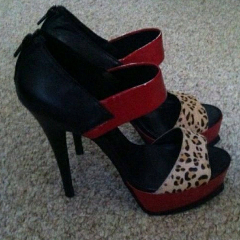 Animal print heels with red patent leather